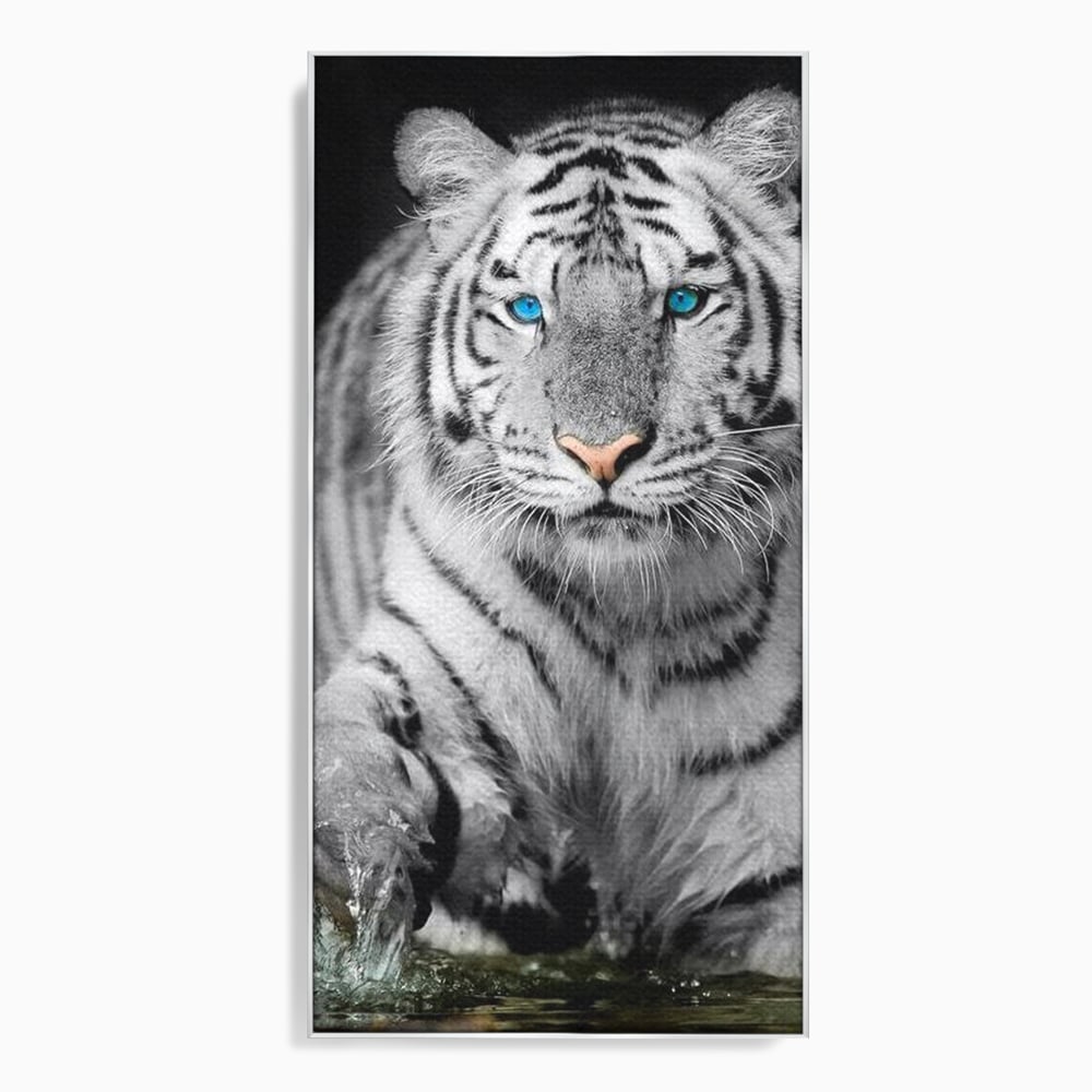 Tablou canvas cu tablou canvas cu tigru alb, in rama de aluminiu argintiu