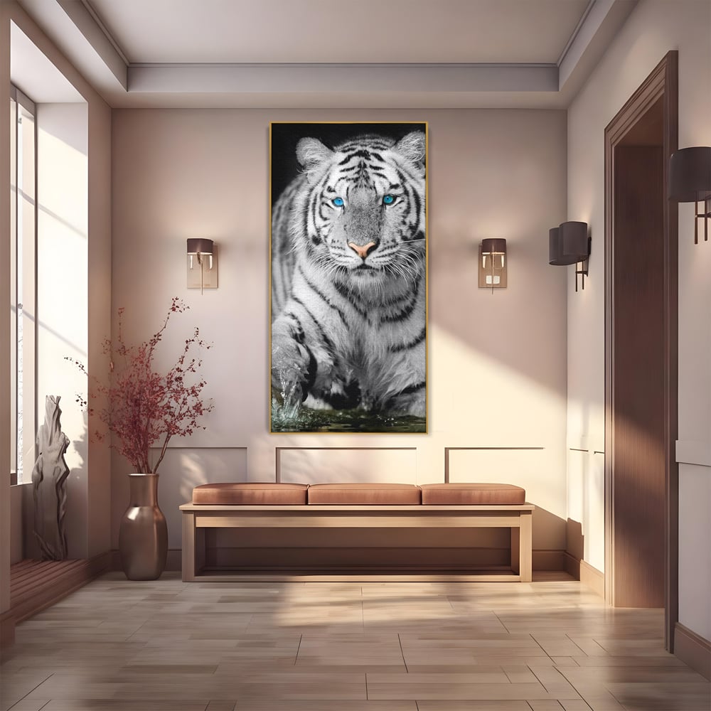 Tablou canvas cu tablou canvas cu tigru alb, in rama de aluminiu auriu