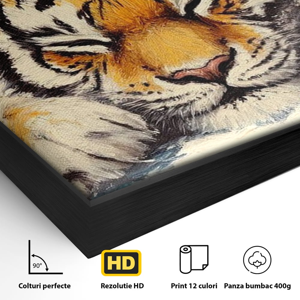 Detaliu al suprafetei: tablou canvas cu pui de tigru dormind, in rama de aluminiu negru