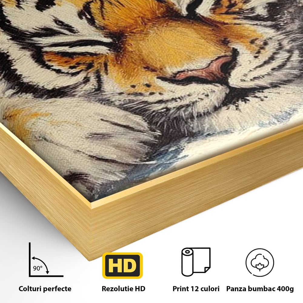 Detaliu al suprafetei: tablou canvas cu pui de tigru dormind, in rama de aluminiu auriu