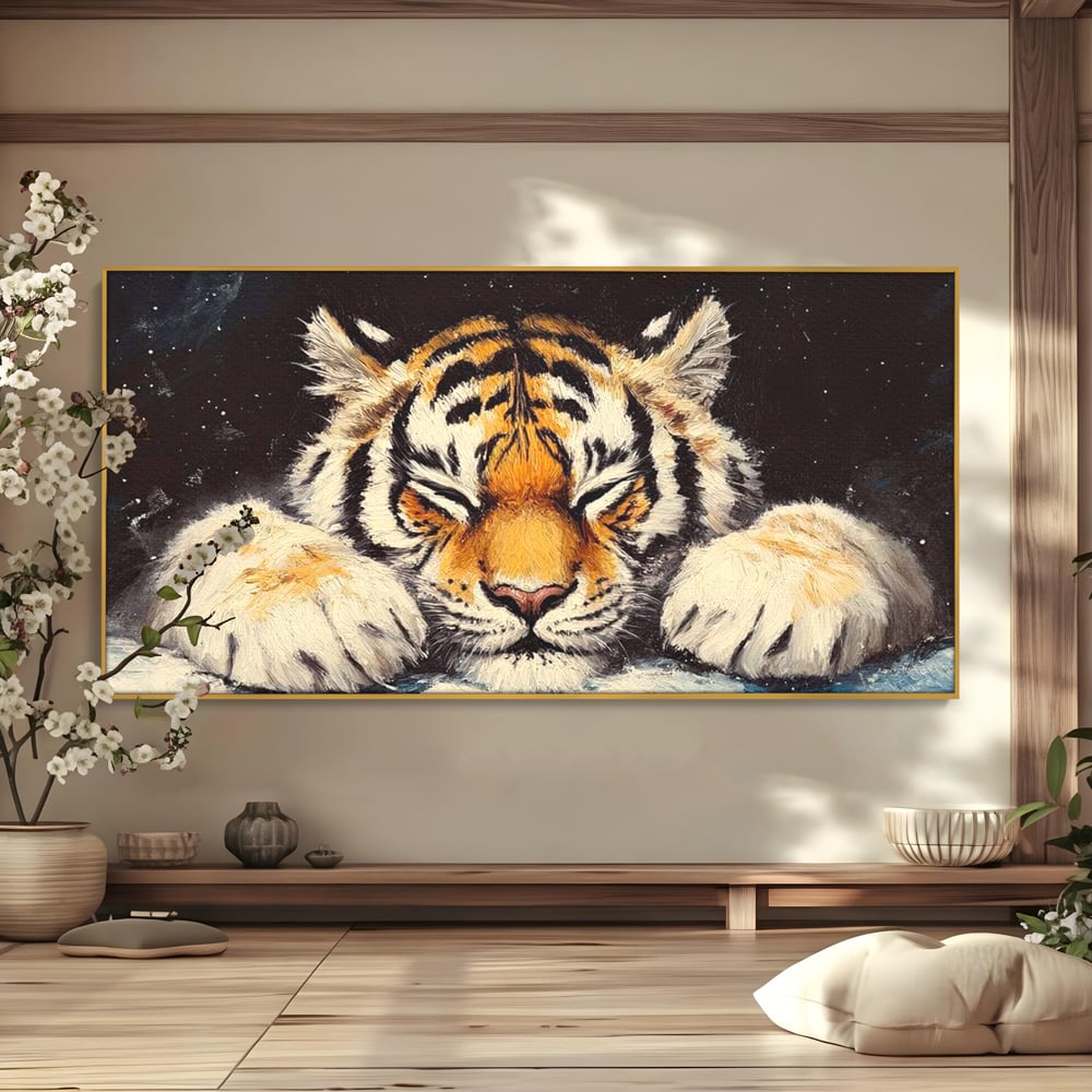 Tablou canvas cu tablou canvas cu pui de tigru dormind, in rama de aluminiu auriu
