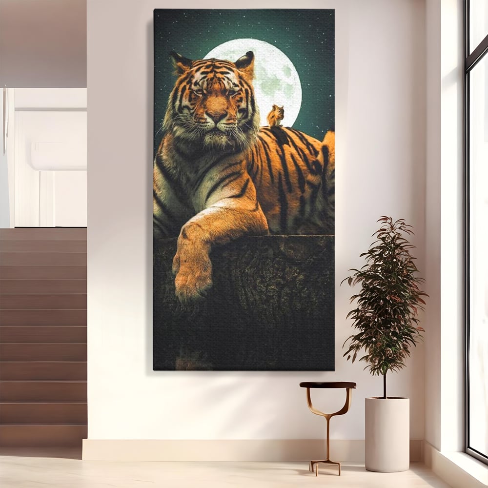 Tablou canvas cu tablou canvas cu tigru si veverita, fara rama, pe sasiu de lemn