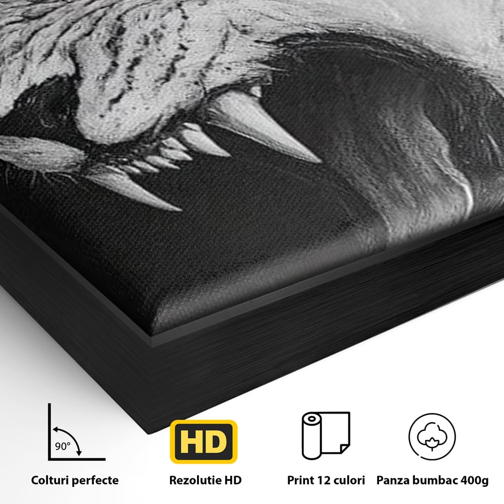 Detaliu al suprafetei: tablou canvas cu tigru alb, in rama de aluminiu negru
