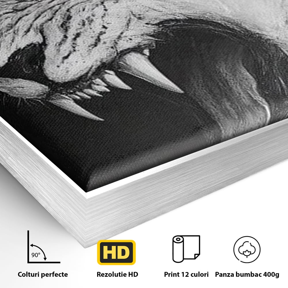 Detaliu al suprafetei: tablou canvas cu tigru alb, in rama de aluminiu argintiu