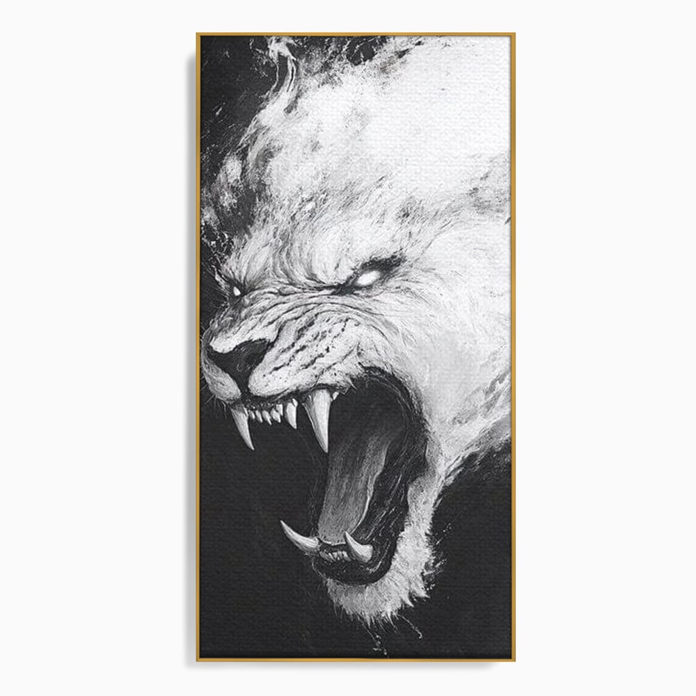 Tablou canvas cu tablou canvas cu tigru alb, in rama de aluminiu auriu