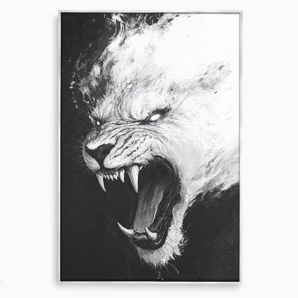 Tablou canvas cu tablou canvas cu tigru alb, in rama de aluminiu argintiu