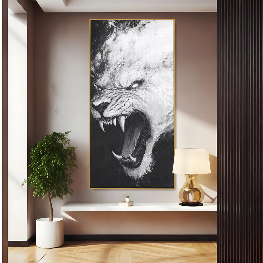 Tablou canvas cu tablou canvas cu tigru alb, in rama de aluminiu auriu