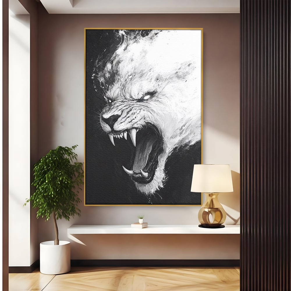 Tablou canvas cu tablou canvas cu tigru alb, in rama de aluminiu auriu
