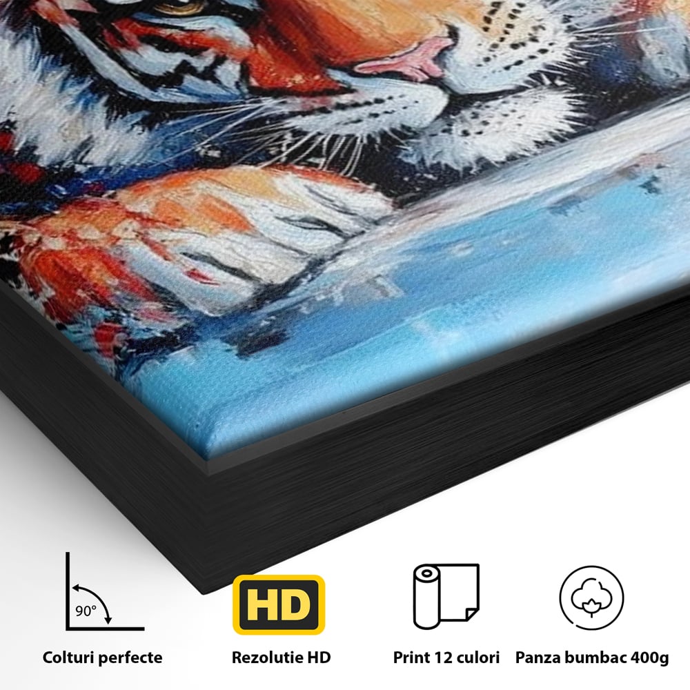 Detaliu al suprafetei: tablou canvas cu pictura de tigru, in rama de aluminiu negru