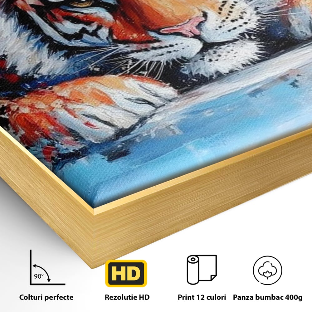 Detaliu al suprafetei: tablou canvas cu pictura de tigru, in rama de aluminiu auriu