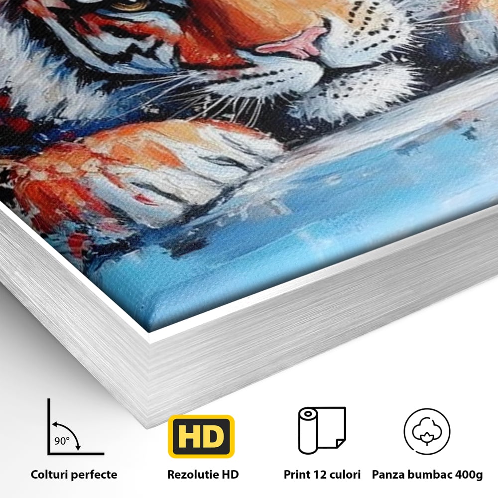 Detaliu al suprafetei: tablou canvas cu pictura de tigru, in rama de aluminiu argintiu