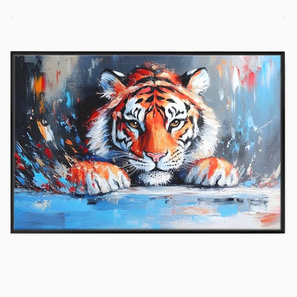 Tablou canvas cu tablou canvas cu pictura de tigru, in rama de aluminiu negru