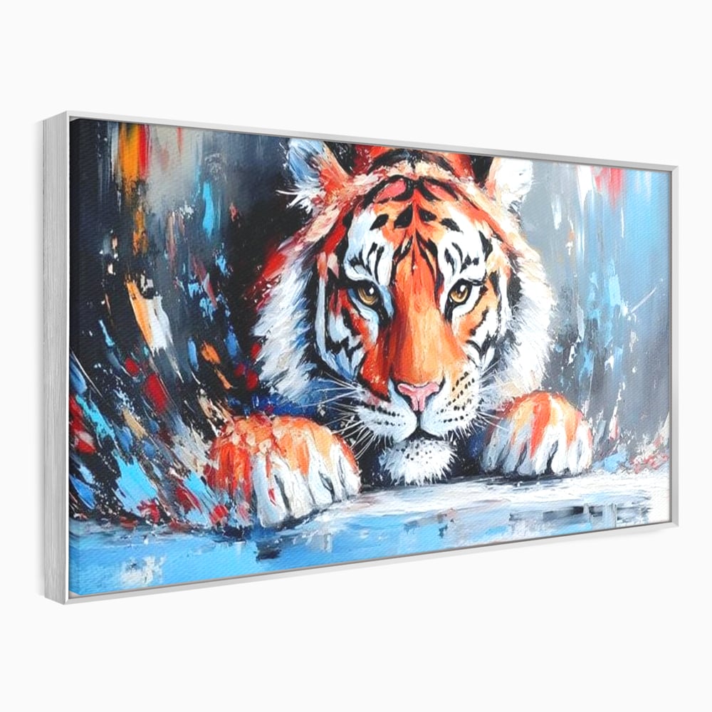 Tablou canvas cu tablou canvas cu pictura de tigru, in rama de aluminiu argintiu