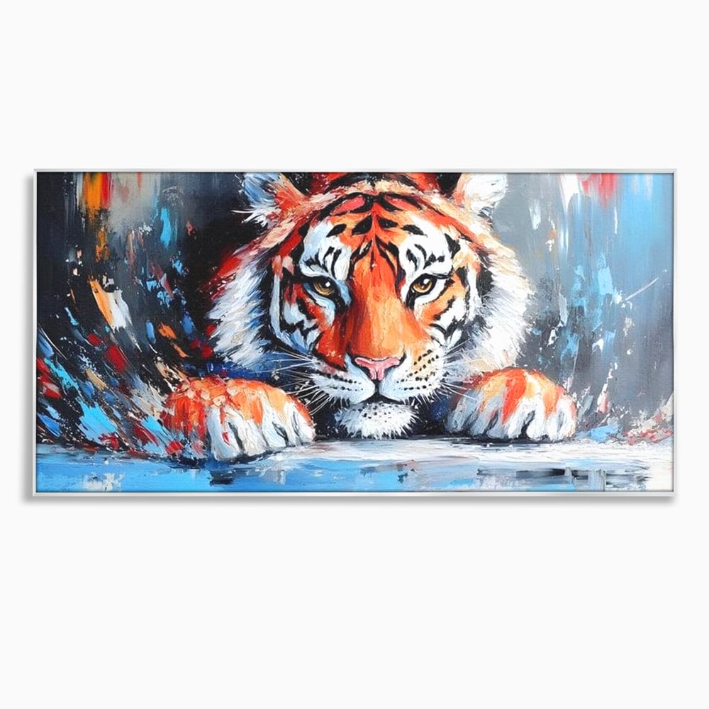 Tablou canvas cu tablou canvas cu pictura de tigru, in rama de aluminiu argintiu