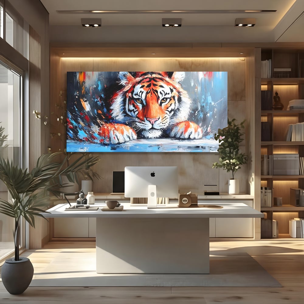 Tablou canvas cu tablou canvas cu pictura de tigru, fara rama, pe sasiu de lemn, pe perete intr-un birou