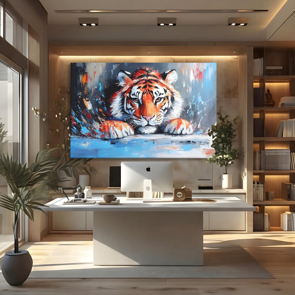 Tablou canvas cu tablou canvas cu pictura de tigru, fara rama, pe sasiu de lemn, pe perete intr-un birou
