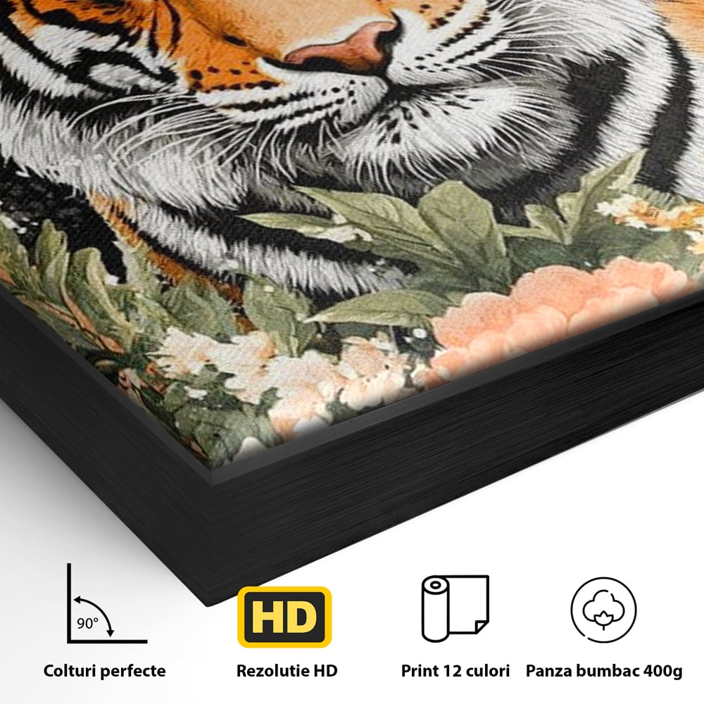 Detaliu al suprafetei: tablou canvas cu tigru si flori, in rama de aluminiu negru