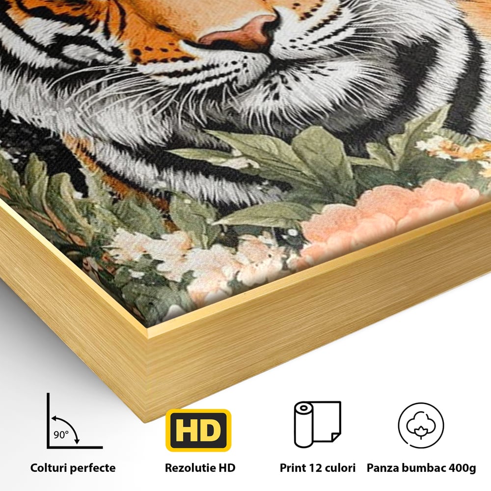 Detaliu al suprafetei: tablou canvas cu tigru si flori, in rama de aluminiu auriu