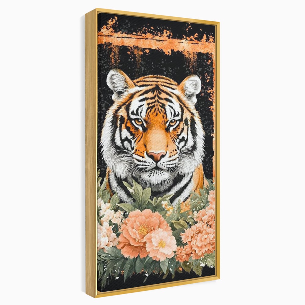 Tablou canvas cu tablou canvas cu tigru si flori, in rama de aluminiu auriu