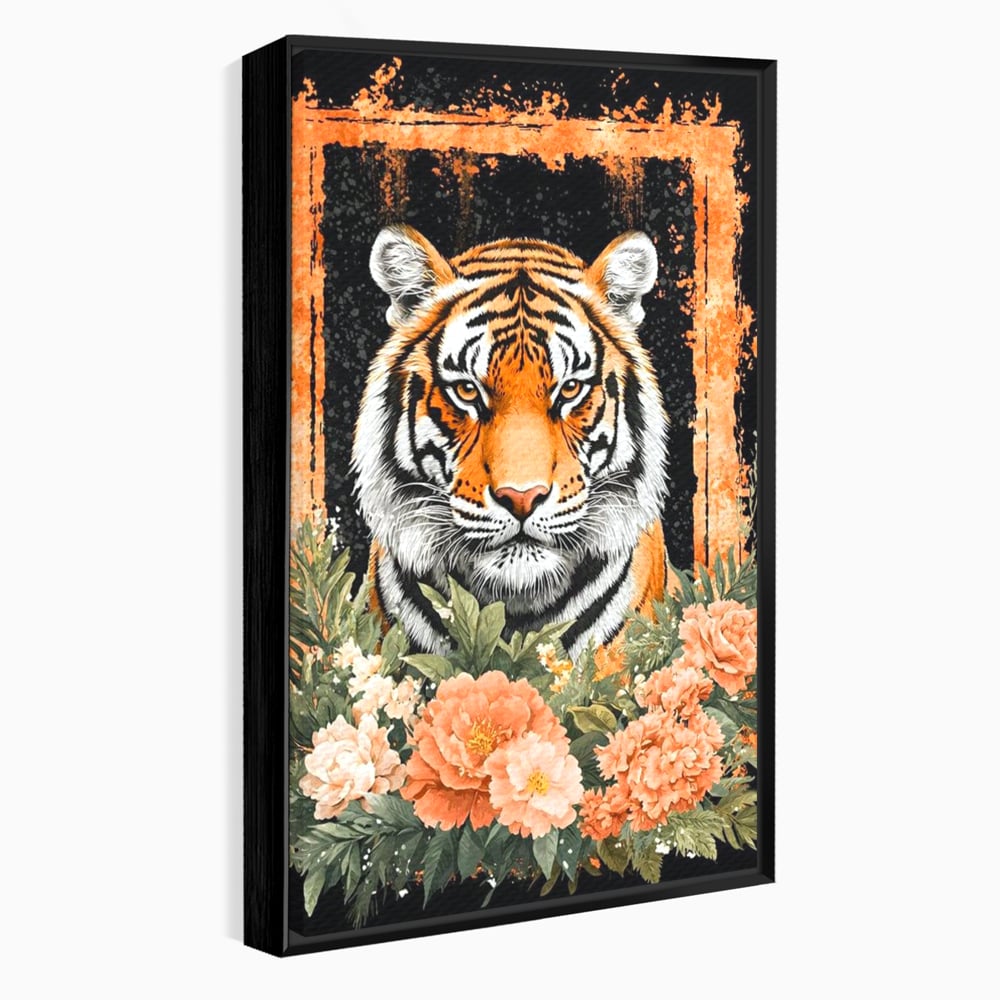 Tablou canvas cu tablou canvas cu tigru si flori, in rama de aluminiu negru