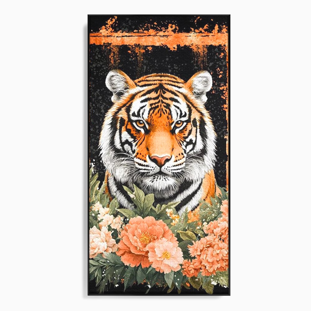Tablou canvas cu tablou canvas cu tigru si flori, in rama de aluminiu negru