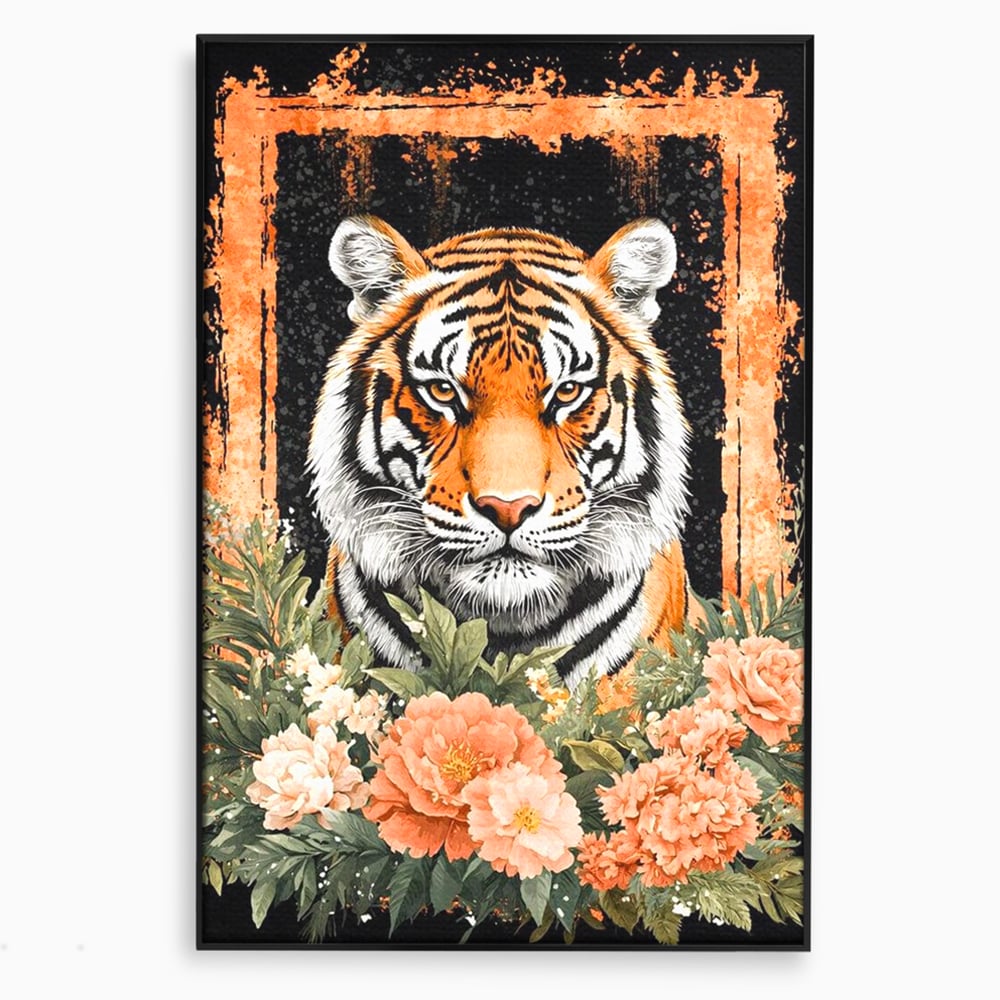Tablou canvas cu tablou canvas cu tigru si flori, in rama de aluminiu negru