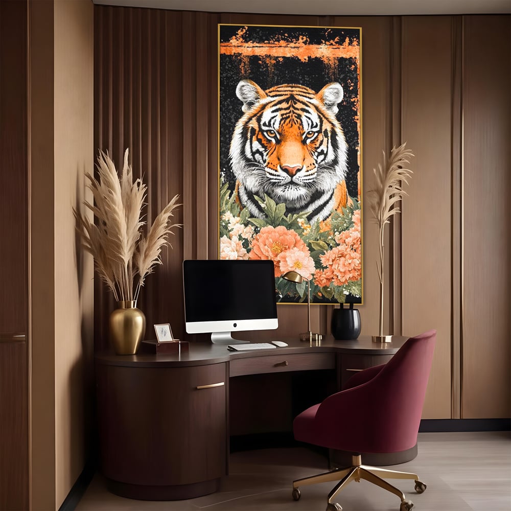 Tablou canvas cu tablou canvas cu tigru si flori, in rama de aluminiu auriu, pe perete intr-un birou