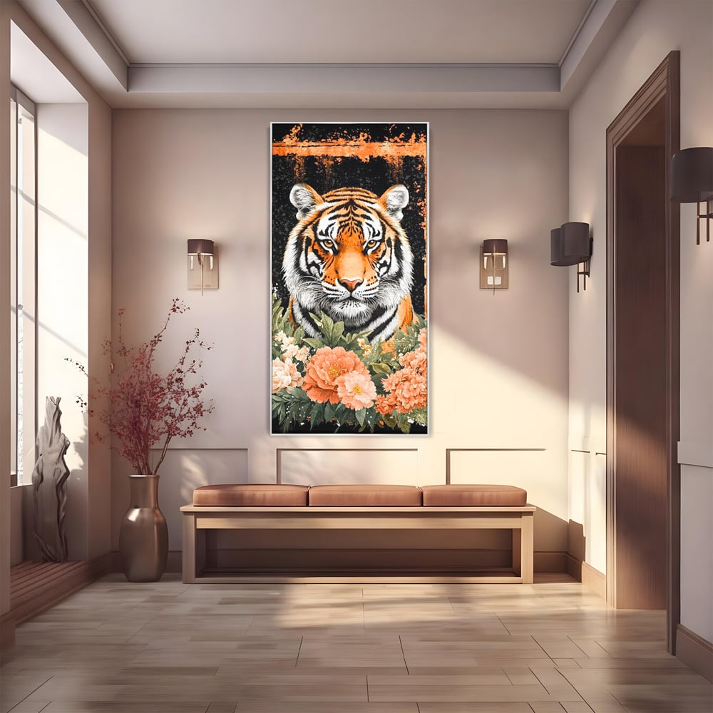 Tablou canvas cu tablou canvas cu tigru si flori, in rama de aluminiu argintiu