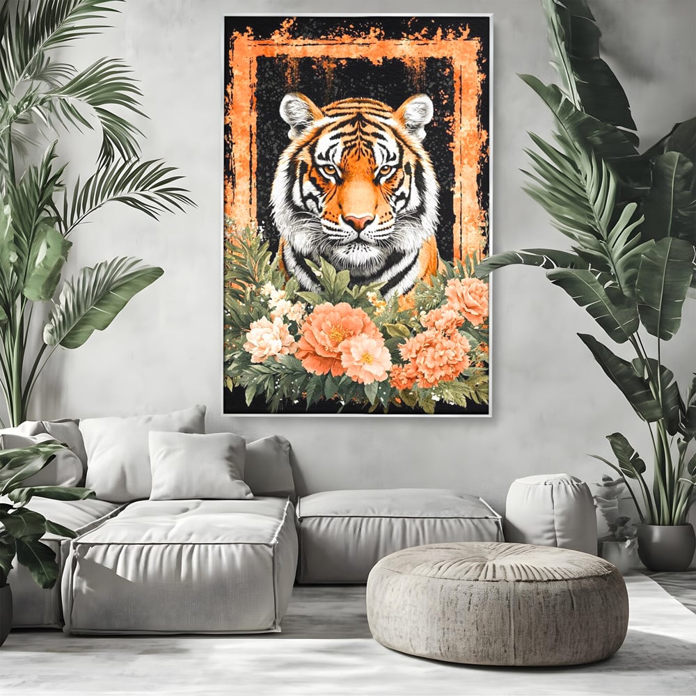 Tablou canvas cu tablou canvas cu tigru si flori, in rama de aluminiu argintiu, pe perete intr-un living