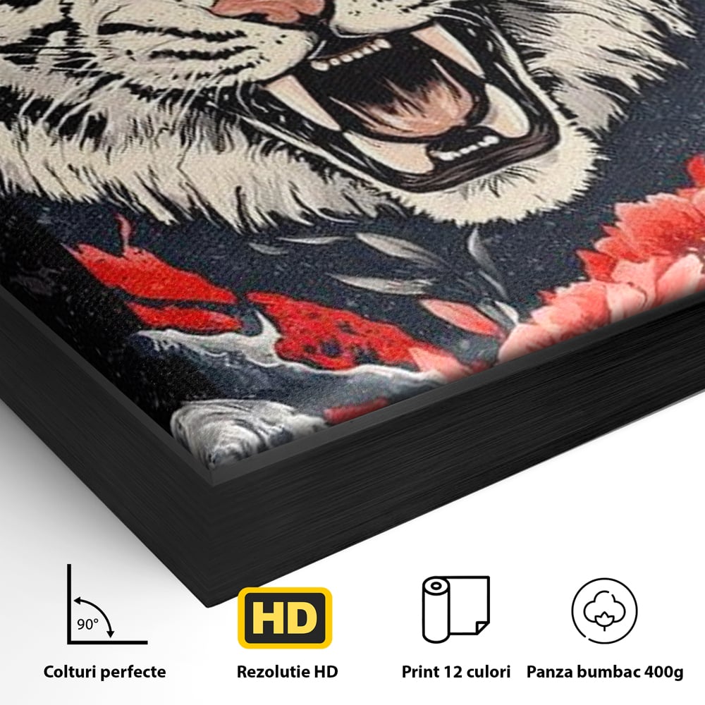 Detaliu al suprafetei: tablou canvas cu tigru alb si flori rosii, in rama de aluminiu negru