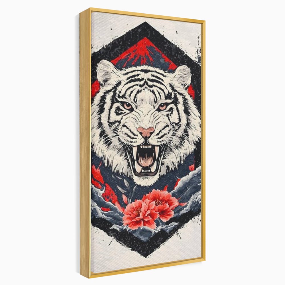 Tablou canvas cu tablou canvas cu tigru alb si flori rosii, in rama de aluminiu auriu