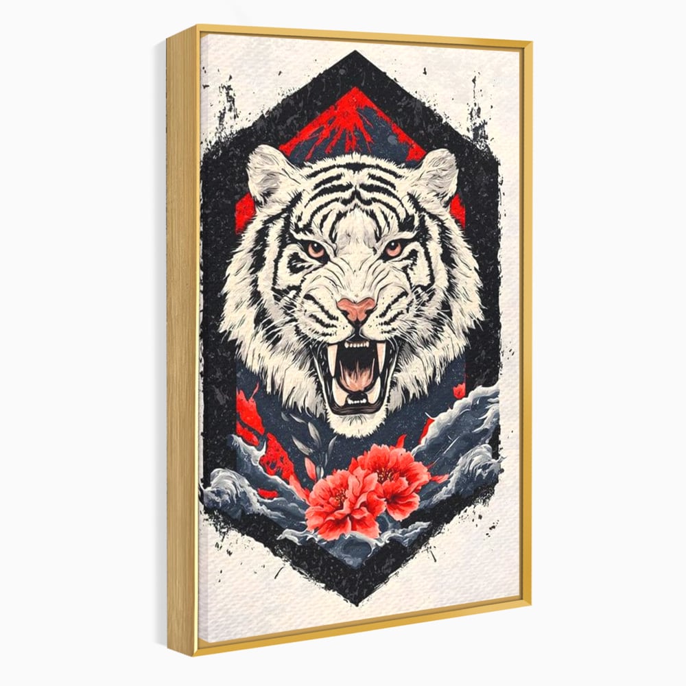 Tablou canvas cu tablou canvas cu tigru alb si flori rosii, in rama de aluminiu auriu