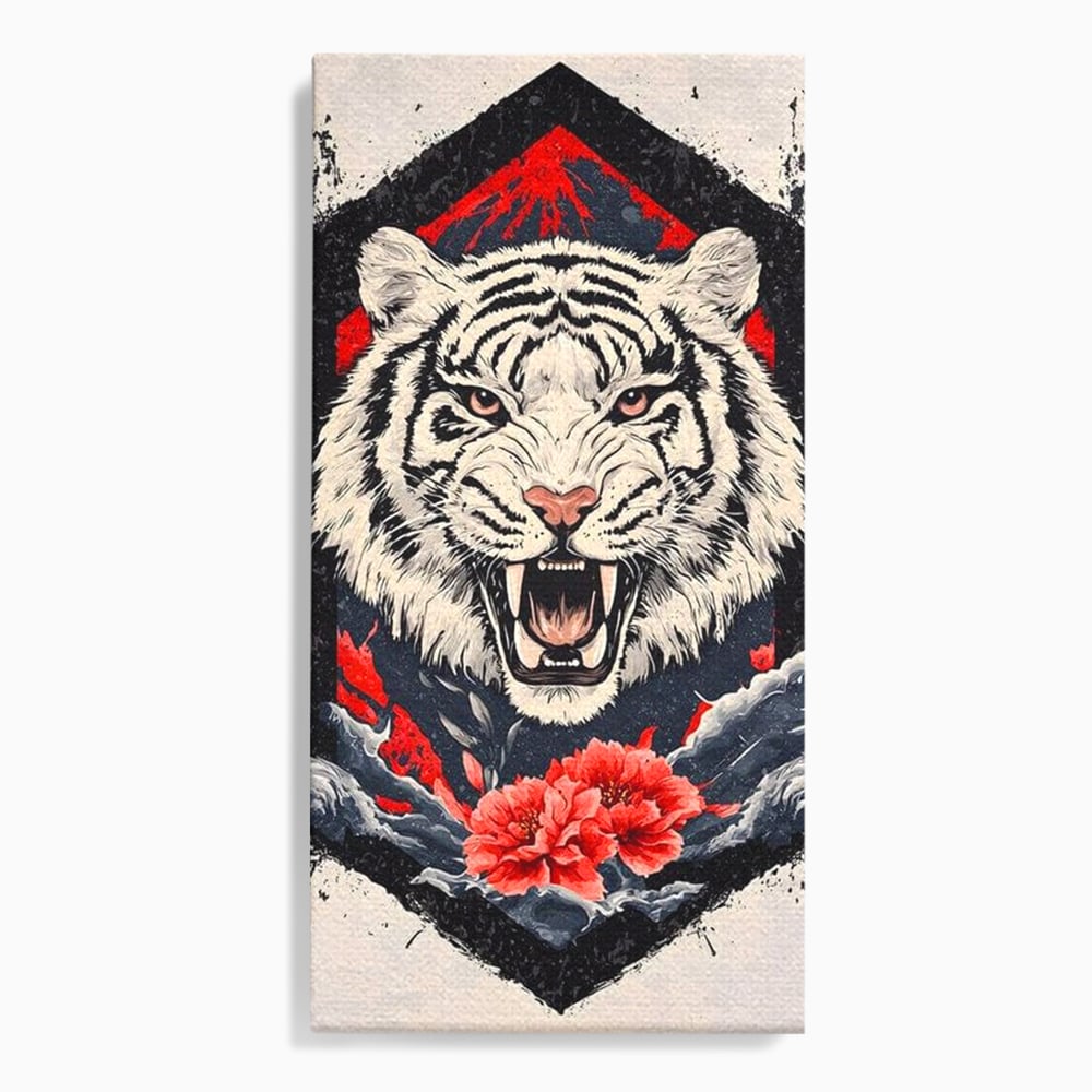 Tablou canvas cu tablou canvas cu tigru alb si flori rosii, fara rama, pe sasiu de lemn