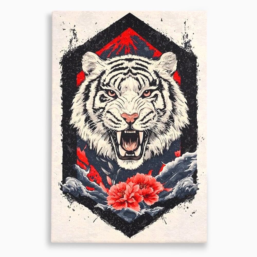 Tablou canvas cu tablou canvas cu tigru alb si flori rosii, fara rama, pe sasiu de lemn
