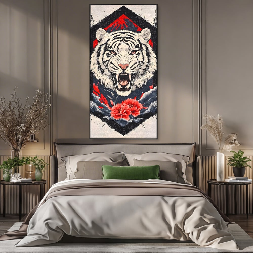 Tablou canvas cu tablou canvas cu tigru alb si flori rosii, in rama de aluminiu negru, pe perete intr-un dormitor