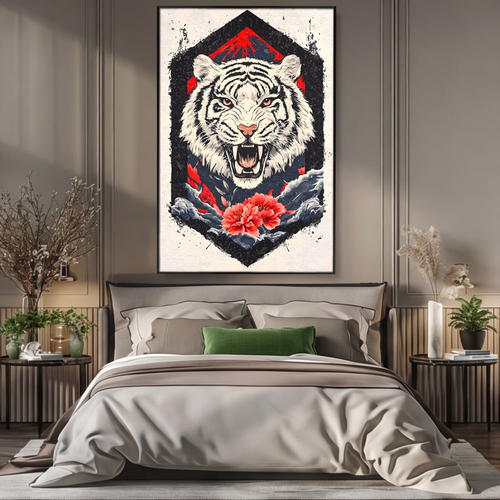 Tablou canvas cu tablou canvas cu tigru alb si flori rosii, in rama de aluminiu negru, pe perete intr-un dormitor