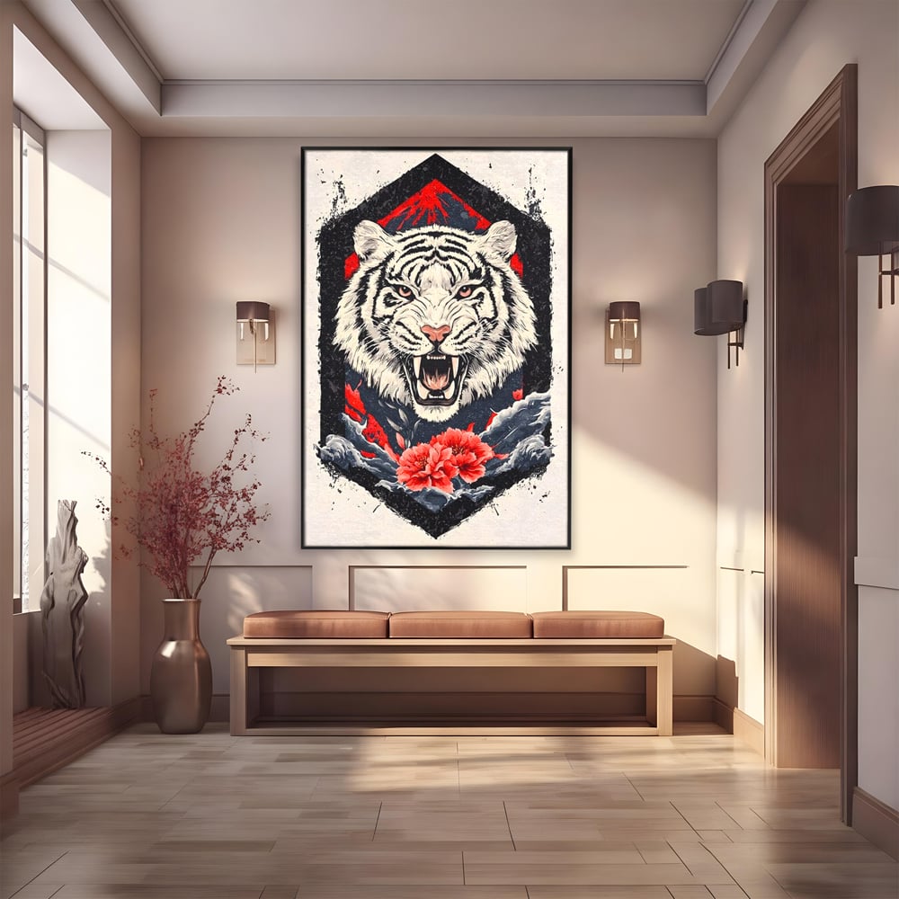 Tablou canvas cu tablou canvas cu tigru alb si flori rosii, in rama de aluminiu negru