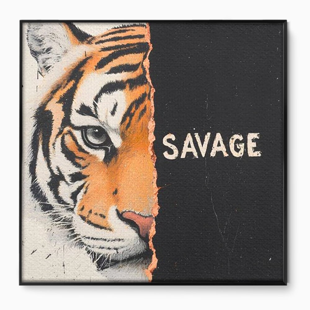 Tablou canvas cu tablou patrat cu portret de tigru si mesaj, in rama de aluminiu negru