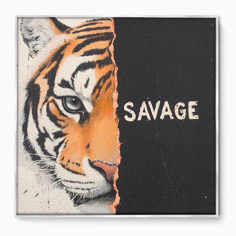 Tablou canvas cu tablou patrat cu portret de tigru si mesaj, in rama de aluminiu argintiu