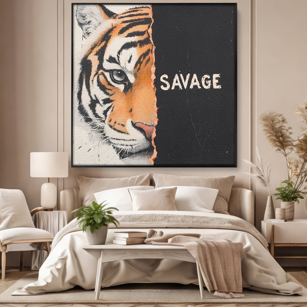 Tablou canvas cu tablou patrat cu portret de tigru si mesaj, in rama de aluminiu negru, pe perete intr-un dormitor