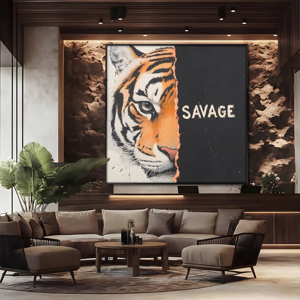 Tablou canvas cu tablou patrat cu portret de tigru si mesaj, in rama de aluminiu negru, pe perete intr-un birou