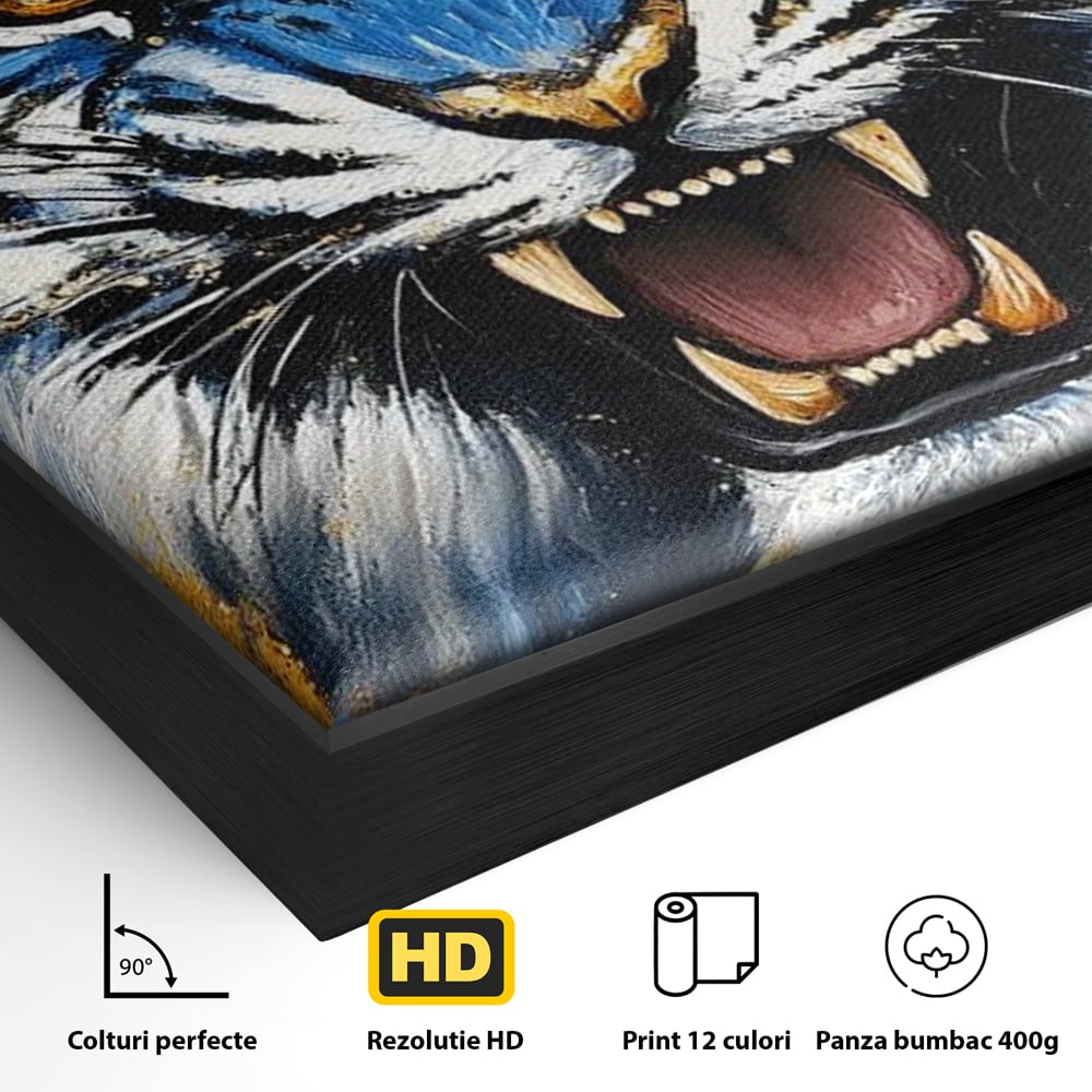 Detaliu al suprafetei: tablou canvas cu tigru albastru si flori, in rama de aluminiu negru