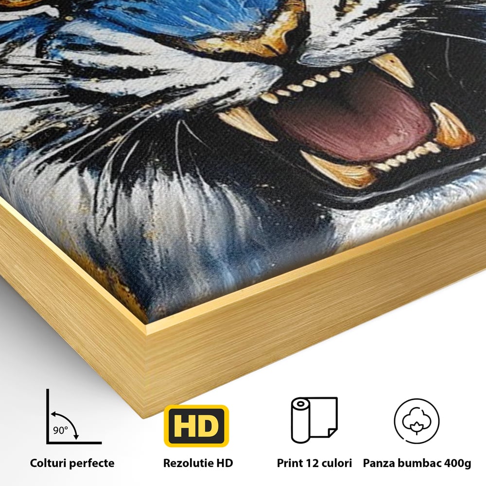 Detaliu al suprafetei: tablou canvas cu tigru albastru si flori, in rama de aluminiu auriu