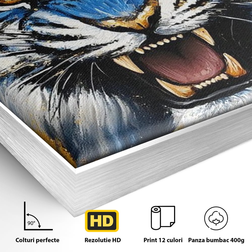 Detaliu al suprafetei: tablou canvas cu tigru albastru si flori, in rama de aluminiu argintiu