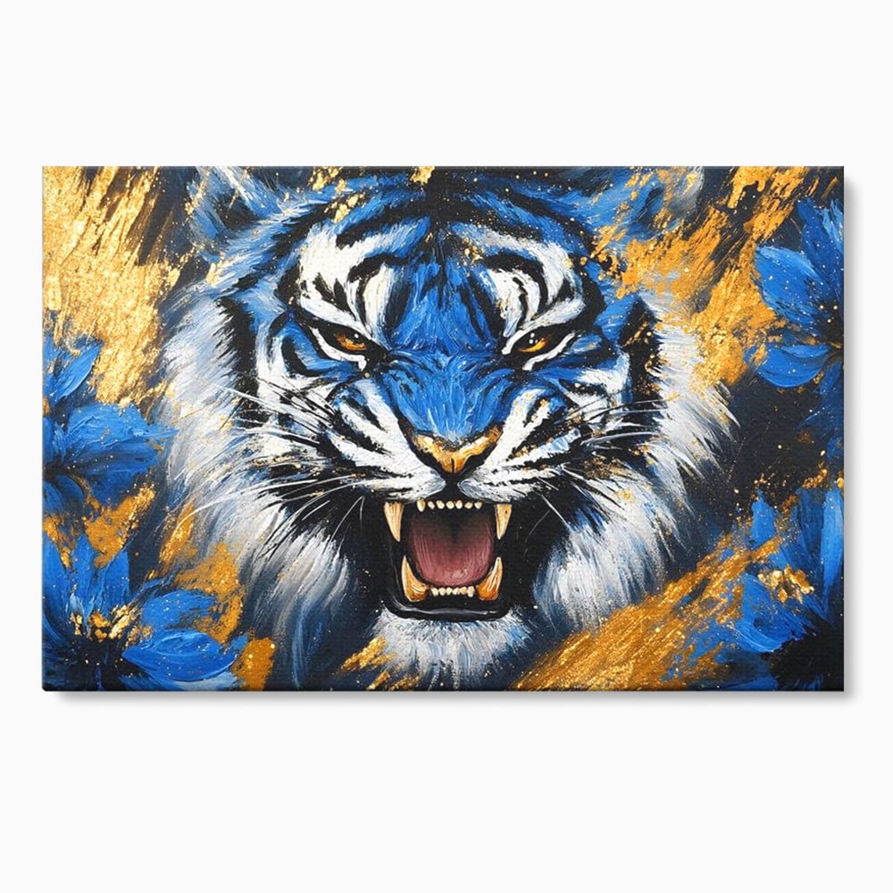 Tablou canvas cu tablou canvas cu tigru albastru si flori, fara rama, pe sasiu de lemn