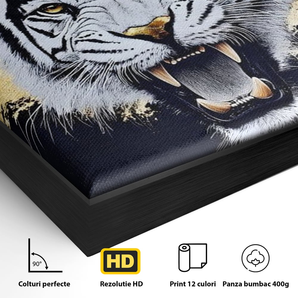 Detaliu al suprafetei: tablou canvas cu tigru alb, in rama de aluminiu negru