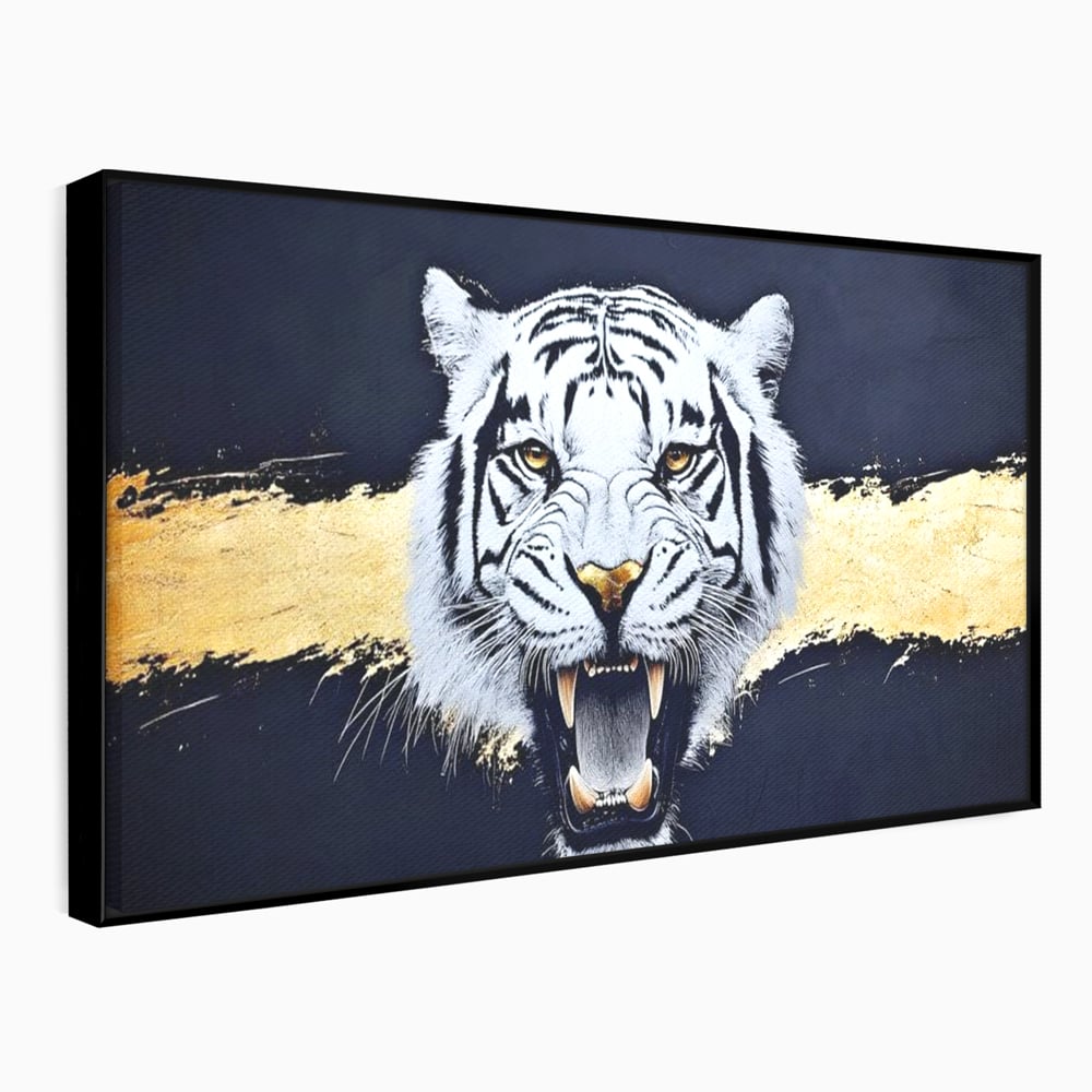 Tablou canvas cu tablou canvas cu tigru alb, in rama de aluminiu negru
