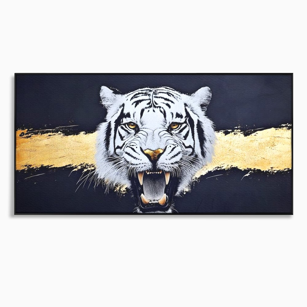 Tablou canvas cu tablou canvas cu tigru alb, in rama de aluminiu negru