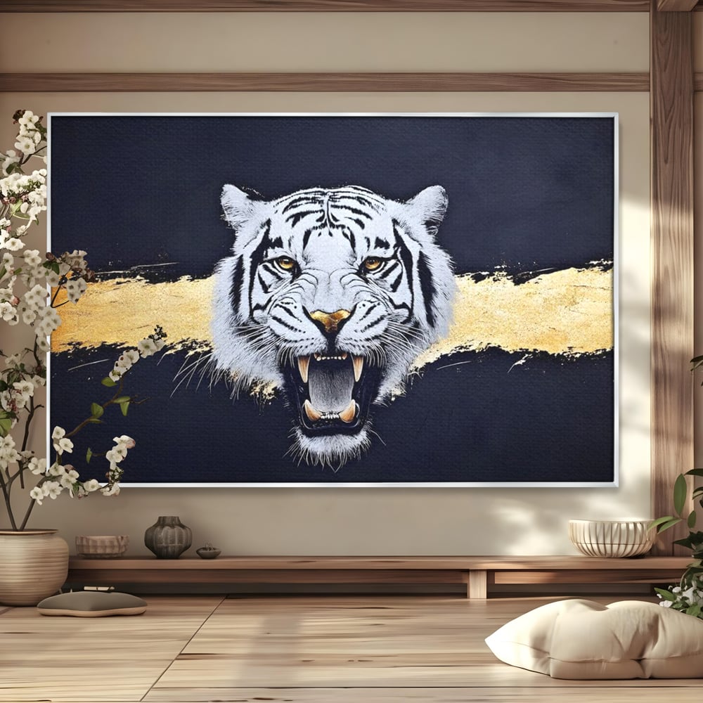 Tablou canvas cu tablou canvas cu tigru alb, in rama de aluminiu argintiu