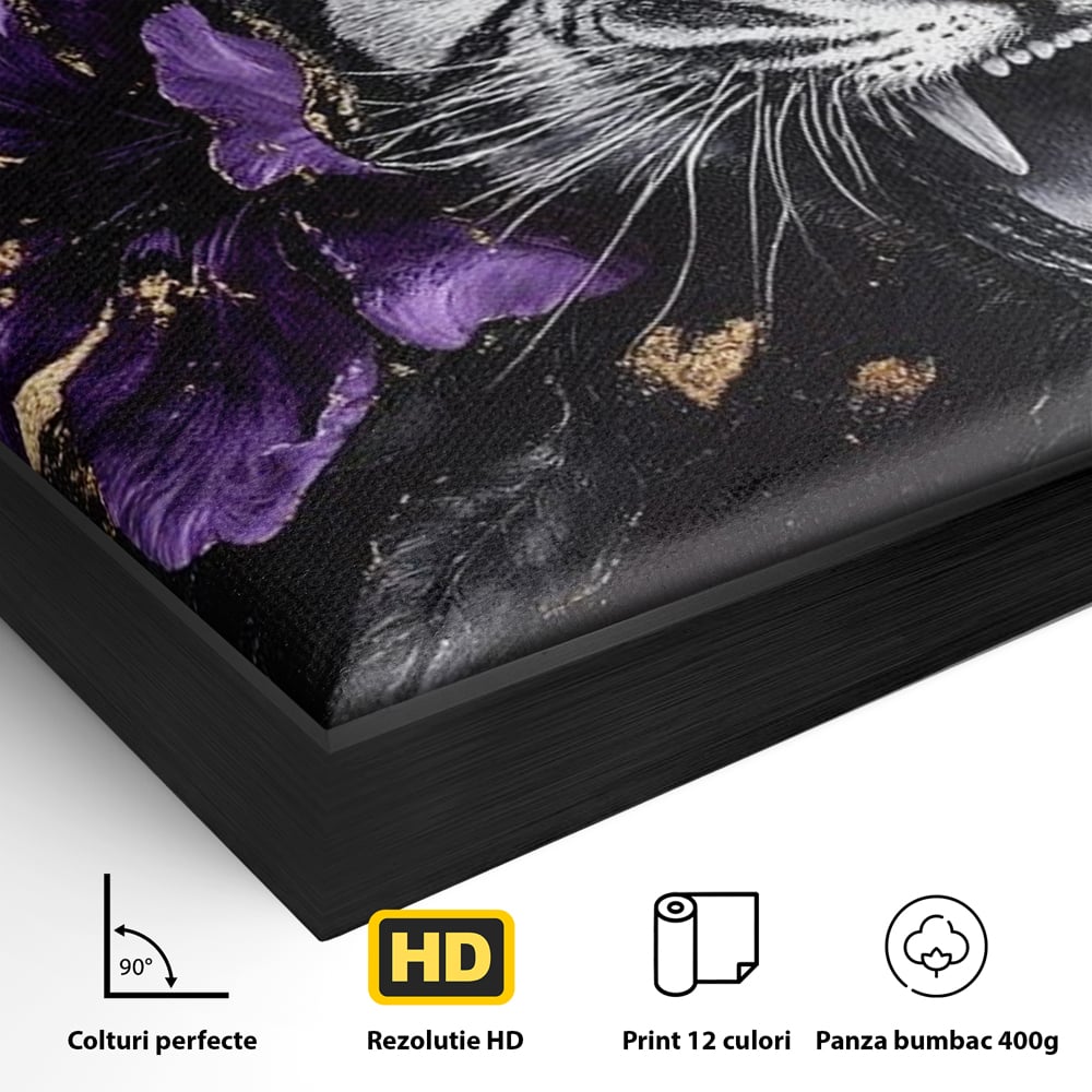 Detaliu al suprafetei: tablou canvas cu tigru si iris violet, in rama de aluminiu negru